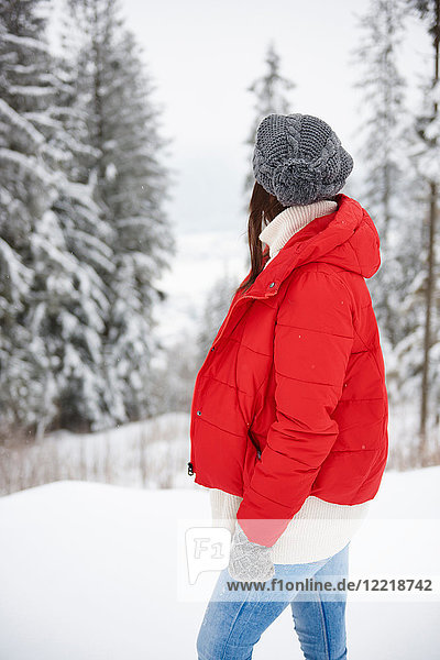 Frau schaut im Winter auf die Aussicht