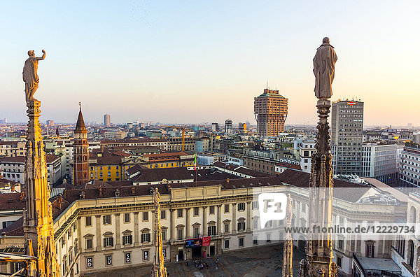 Italy Lombardy Milan skyline with Velasca Tower viewed from Duomo roof