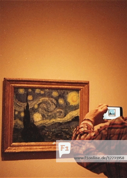 3D-Stereo-Effekt eines Mannes,  der ein Foto von einem Van-Gogh-Gemälde im Museum macht
