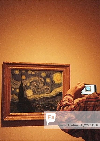 3D-Stereo-Effekt eines Mannes  der ein Foto von einem Van-Gogh-Gemälde im Museum macht