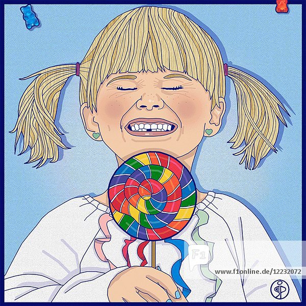 Junges Mädchen mit Lollipop und Regensüßigkeiten Animation