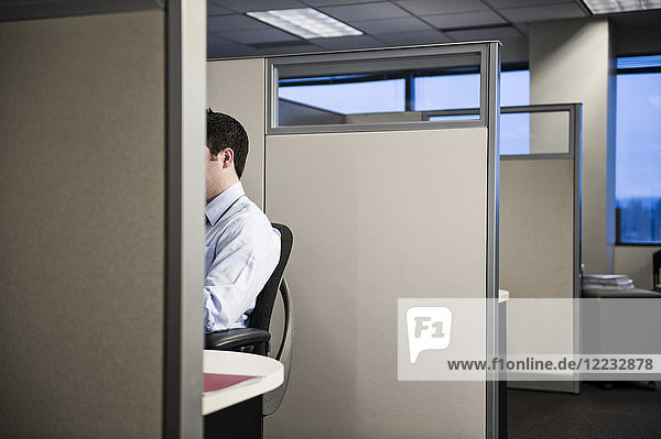 Caucasian businessman working in cubicle office.