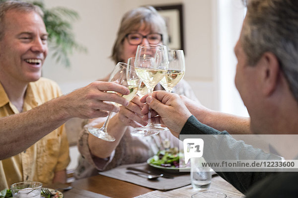 Senior couples toasting a home dinner party with glasses of white wine.