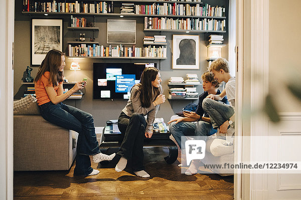 Freunde die zu Hause im Wohnzimmer telefonieren und telefonieren
