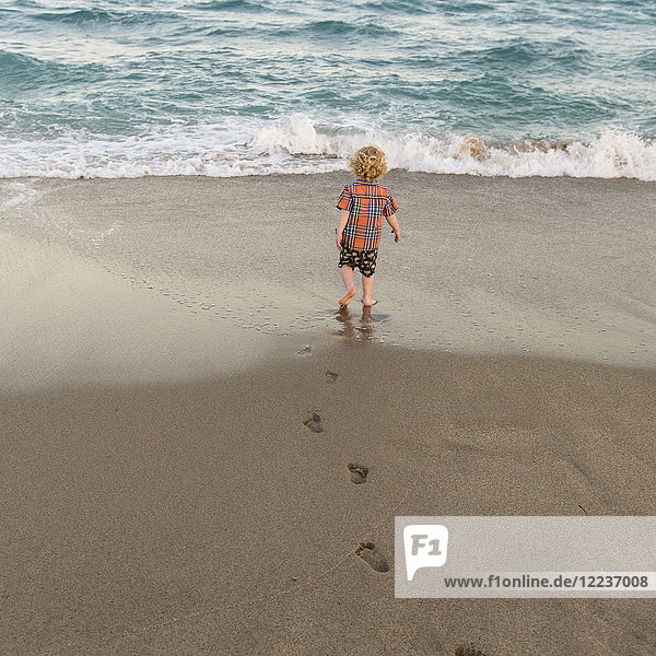 Rückansicht eines kleinen Jungen (2-3)  der am Sandstrand spazieren geht