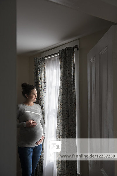 Schwangere Frau schaut durch ein Fenster