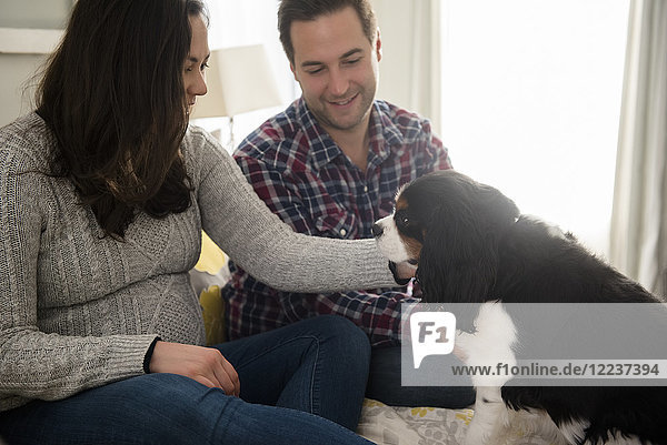 Mid adult couple relaxing with puppy