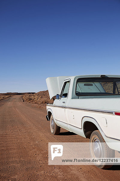 USA  Arizona  Kaputter Pick-up-Truck auf Wüstenstraße abgestellt