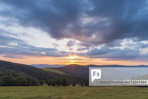 Mountain landscape with sunset over the Vosges Mountains at Le Markstein in Haut-Rhin France