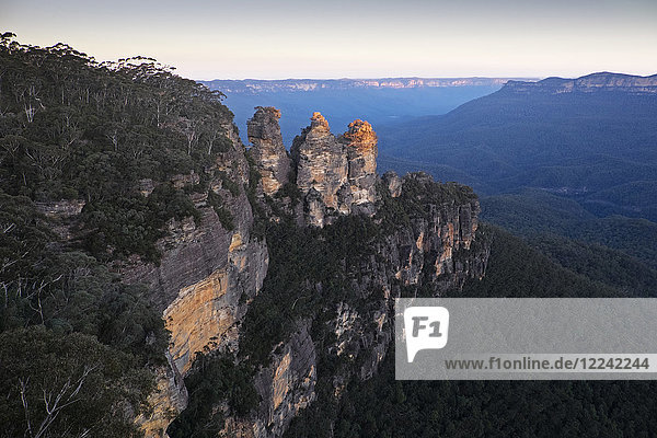 Three Sisters and scenic overview of the Blue Mountains National Park in New South Wales  Australia