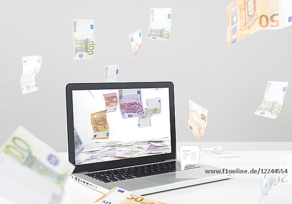 Online Einkaufen - Laptop und fliegende EURO-Scheine