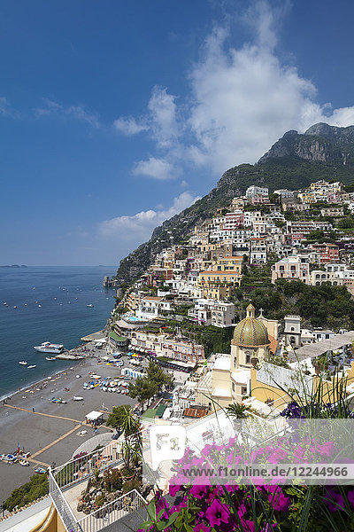 View of town and beach Positano Amalfi Coast (Costiera Amalfitana) UNESCO World Heritage Site Campania Italy Mediterranean Europe