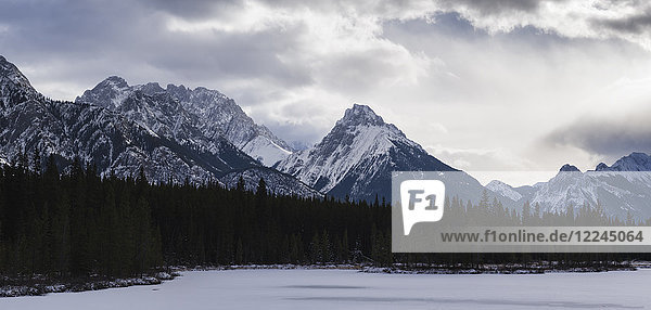 Panoramic winter landscape of the Canadian Rocky Mountains at the Lower Kananaskis Lake  Alberta  Canada  North America