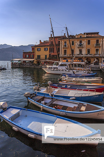 View of boats in Malcesine Harbour by the Lake  Malcesine  Lake Garda  Veneto  Italian Lakes  Italy  Europe