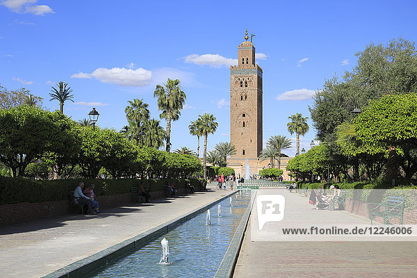 Minarett der Koutoubia-Moschee  12. Jahrhundert  Marrakesch (Marrakech)  Marokko  Nordafrika  Afrika