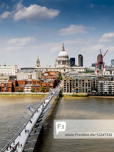 St. Paul's Cathedral and Millennium Bridge from the Tate Gallery  London  England  United Kingdom  Europe
