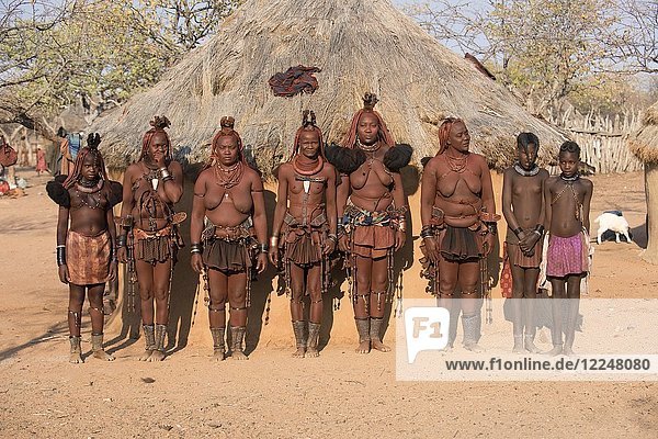 Himba women in front of their hut  Kaokoveld  Namibia  Africa