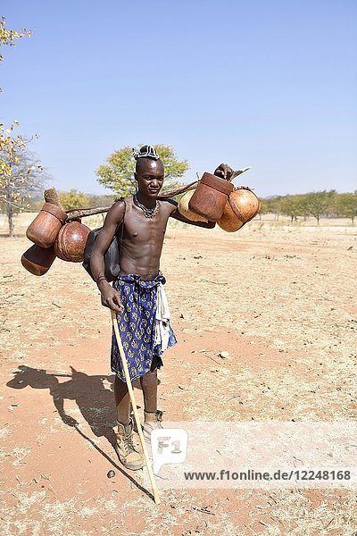 Junger Himba-Mann trägt Lebensmittel auf dem Viehtrieb  Kaokoveld  Namibia  Afrika