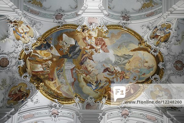 Benedictine Abbey  St. Jakob and Georg Parish Church  Ceiling Fresco Foundation and construction of the monastery  Isny  Baden Württemberg  Germany  Europe