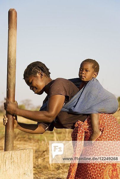 Tonga-Frau mit Kind auf dem Rücken stampft Getreide Lake Kariba Sambia Afrika