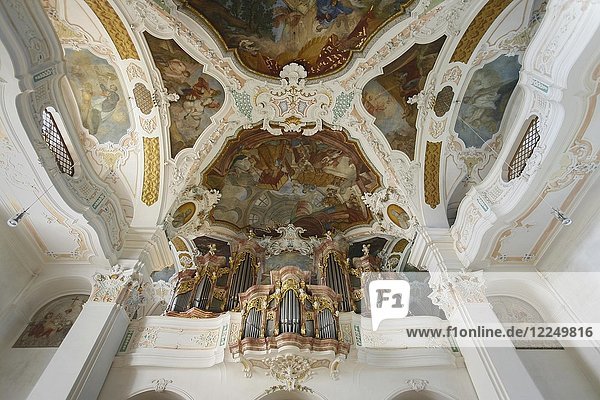 Organ loft with ceiling fresco  Benedictine Abbey Beuron  St. Martin Monastery Church  Baden-Württemberg  Germany  Europe