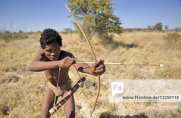 Bushman of the Ju/' Hoansi-San with bow and arrow while hunting  village //Xa/oba  near Tsumkwe  Otjozondjupa region  Namibia  Africa
