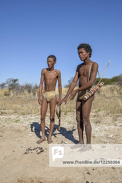 Buschmann der Ju/? Hoansi-San bei der traditionellen Jagd mit Pfeil und Bogen  Dorf //Xa/oba  bei Tsumkwe  Otjozondjupa-Region  Namibia  Afrika