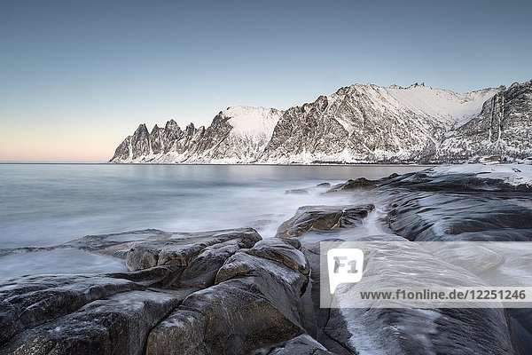 Icy coastal landscape on dusk  Tungeneset  Senja  Norway  Europe