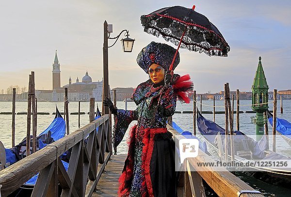 Female disguised with Venetian mask on walkway at the lagoon  behind island of San Giorgio  carnival in Venice  Italy  Europe