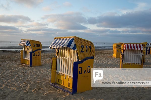 Yellow beach chairs during off-season  Duhnen  Cuxhaven  Lower Saxony  Germany  Europe