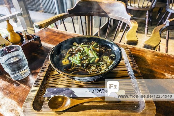 Japanese soup on tray  in restaurant  Magome  Kiso Valley  Japan  Asia
