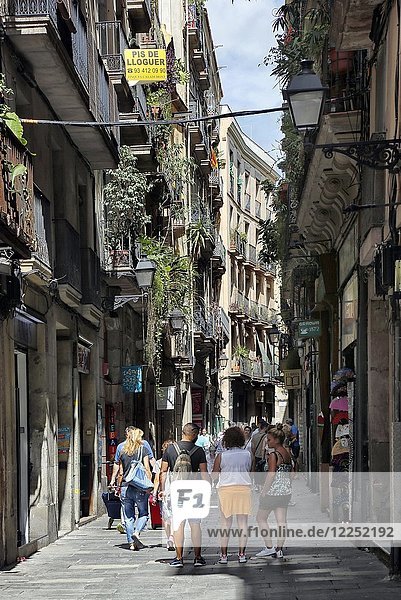 Menschen in enger Gasse zwischen Häusern  jüdisches Viertel  Barcelona  Katalonien  Spanien  Europa