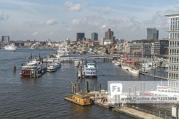 City view with harbour and St. Pauli Landungsbrücken  Hamburg  Germany  Europe