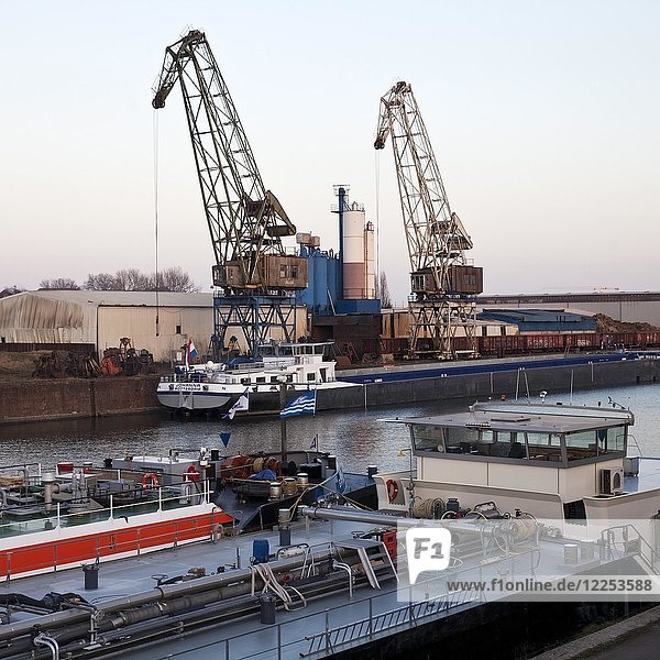 Frachtschiffe im Kanal mit Kränen im größten Binnenhafen Europas  Duisburg  Ruhrgebiet  Nordrhein-Westfalen  Deutschland  Europa