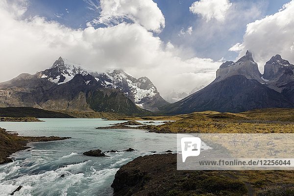 Cuernos del Paine mountains with Rio Paine glacier river  Torres del Paine National Park  Region de Magallanes Antartica  Chile  South America