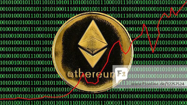 Symbolbild Cryptocurrency  digitale Währung  Goldmünze Ethereum mit Binärcode und Zitat  Hintergrundbild