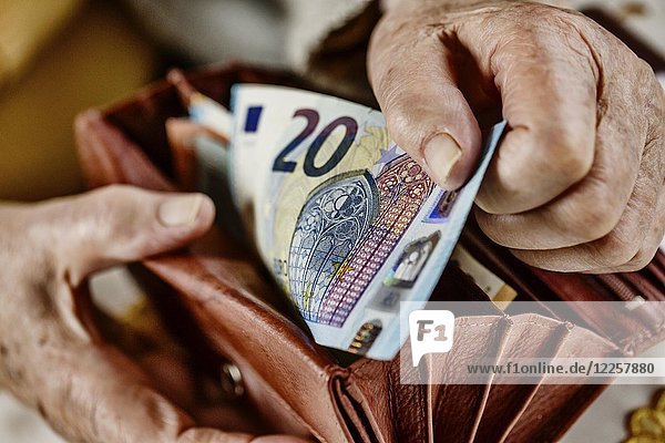 Seniorin zieht einen 20-Euro-Schein aus ihrem Portemonnaie  Deutschland  Europa