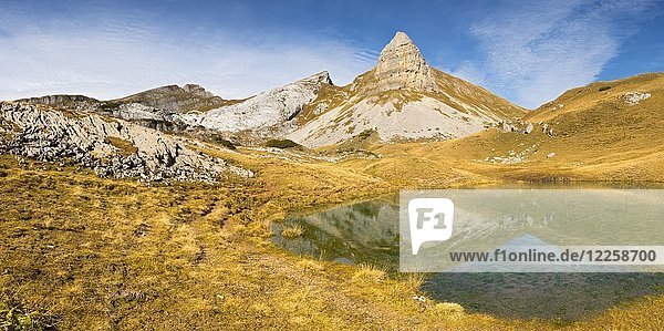 Grubalacke  dahinter die Gipfel Hochiss  Spieljoch  Seekarlspitze und Rosskopf  Rofangebirge  Tirol  Österreich  Europa