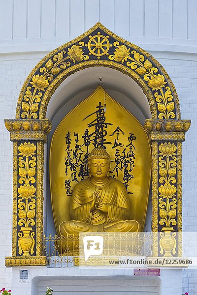 Goldene Buddha-Statue  Weltfriedenspagode  Pokhara-Tal  Nepal  Asien