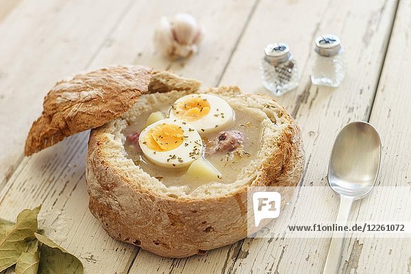 Polish Easter delicacy called Zurek  traditional soup with eggs and sausage