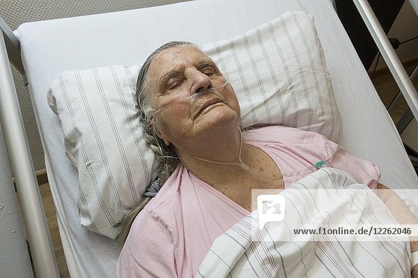 Sleeping senior citizen with respiratory tube in bed in hospital  Germany  Europe
