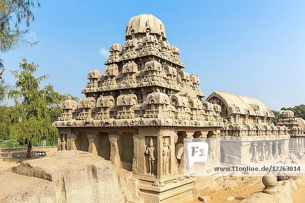 Die fünf Rathas  Yudhishthir ratha  Bhima ratha  Arjuna ratha  Mahabalipuram  Tamil Nadu  Indien  Asien