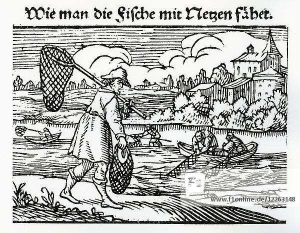 Fishermen with fishing net  woodcut  16th century