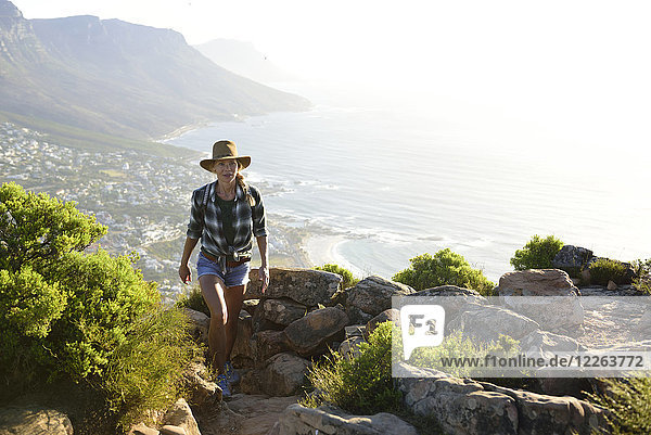 South Africa  Cape Town  woman on hiking trip to Lion's Head