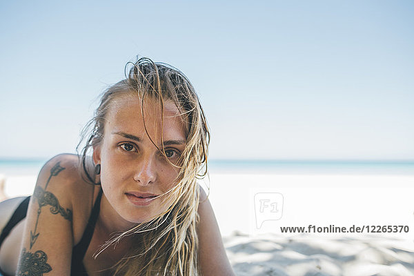 Cuba  Varadero Beach  Young woman with tattoo on the beach