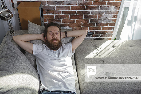 Portrait of bearded man relaxing on the couch at home
