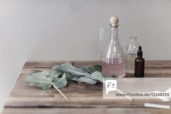 Parfümflaschen mit Lackmusstreifen und Blättern auf Holztisch an der Wand in der Werkstatt