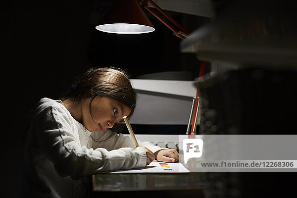 Mädchen beim Studieren am beleuchteten Schreibtisch in der Dunkelkammer