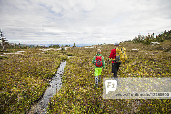 Father and son hiking beside alpine stream  Merritt  British Columbia  Canada