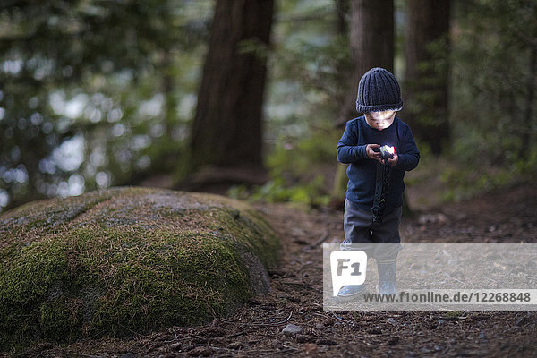 Boy holding and using headlamp in forest at evening  Harrison Hot Springs  British Columbia  Canada